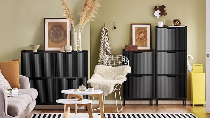 SoBuy Shoe Cabinet, Narrow Shoe Storage Organizer for Entryway, Thin Free Standing Shoe Rack Porch Front Door 3 Drawers, Black FSR177-H-SCH