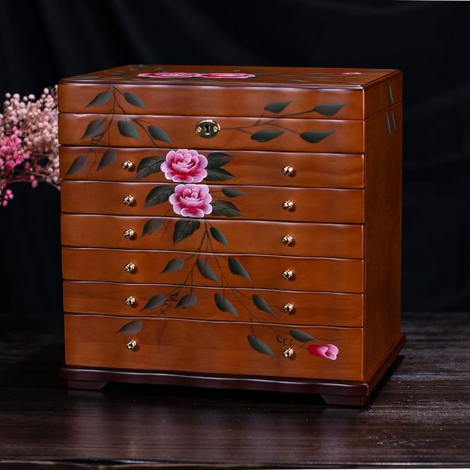 Hand-Painted Wooden Jewelry boxes for women,large jewlrey box&organizers for necklace hanger,jewerly organizer,9-layer large capacity jewelry storage box,jewelry cabinet