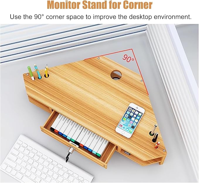 Triangular Wooden Corner Monitor Stand - Space-Saving Desktop Organizer & Laptop Shelf with Drawer, Perfect for Home & Office Use, Maximizing Workspace Efficiency