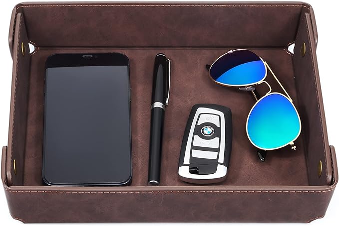 CASIRENA Faux Leather Valet Tray Organizer for Men - Catch-All Tray for Entryway Table Key, Wallet, Watch, Coin Change, Phone, Dresser EDC Dump Jewelry, Bedside Nightstand Desk-top Catchall