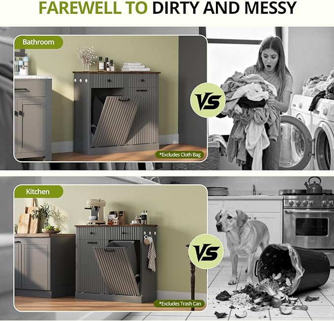 Double Tilt Out Trash Can Cabinet, 20 Gallon Fluted Laundry Hamper Cabinet with 2 Drawers, Wooden Hidden Garbage Can Cabinets for Kitchen, Living Room, Without Trash Bin or Laundry Hamper,Grey