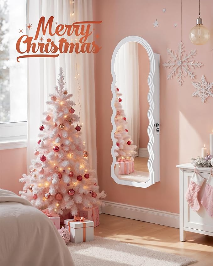 SONGMICS Mirror Jewelry Cabinet Wall Mounted Over the Door, Hanging LED Jewelry Organizer, Lockable Wavy Wide Mirror with Storage, Interior Lights, 3.9 x 16.5 x 42.5 Inches, White UJJC031W01