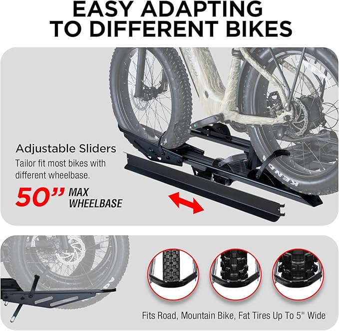RokRack T One Foldable 3-Ebike Rack with Ramp, 250 lbs Capacity, Hitch Mount Electric Bike Rack, Fits up to 5" Fat Tire Width and 50" Wheelbase, Ebike Carrier Rack for 2" Receiver for Cars SUVs Vans