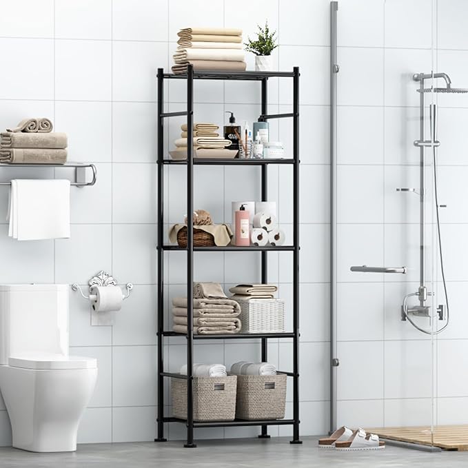 Storage Shelves - Set of 2, 5-Tier Metal Shelf Organizer, Space-Saving Garage Shelving with Leveling Feet, Standing Shelves Organizer for Kitchen, Laundry, Pantry (18.4" x 12.6" x 57.4", Black)