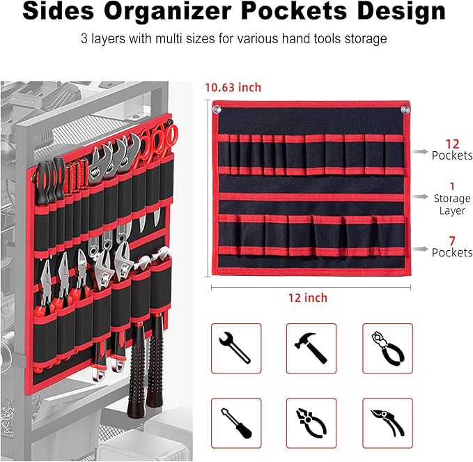 JUNNUJ Garage Large Power Tool Organizer Cart with 10 FT 20A Charing Station, Heavy Duty Drill and Tools Battery Holder Storage Rack, Floor Standing Rolling Tool Cart on Wheels, Red