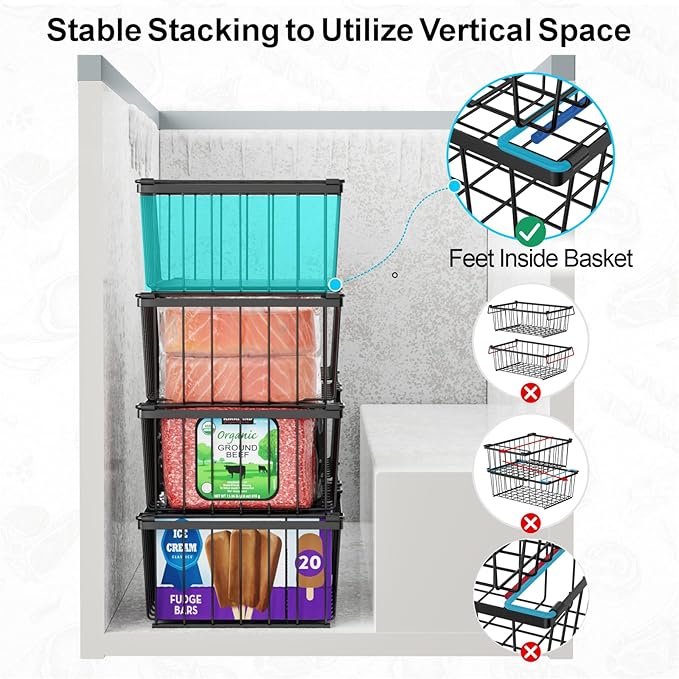 iSPECLE Chest Freezer Organizer Bins - 8 Pack Stackable Freezer Organizer for 5 to 7 Cu.Ft Freezer and Upright Freezer Over 8.5 Cu.Ft, Easy Get Food from Bottom, Add Extra Storage Space, Black