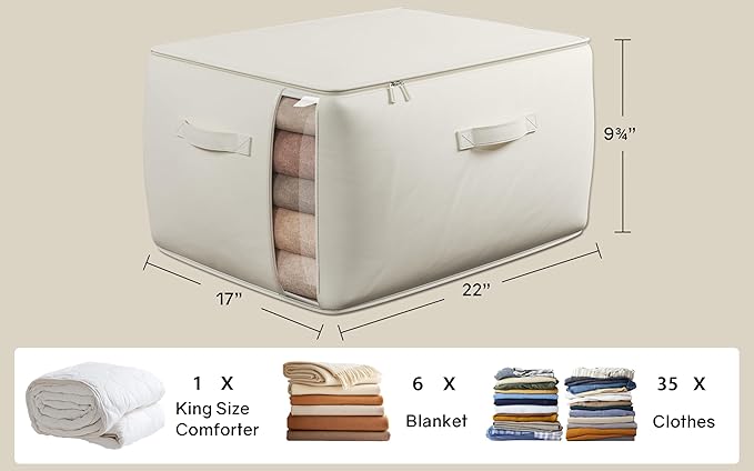 Large Canvas Clothes Storage Bags with Thick Handles and Clear Window, Foldable Cotton Linen Underbed Closet Organizer for Clothing, Blankets and Bedding, 60L, 3 Pack, Beige