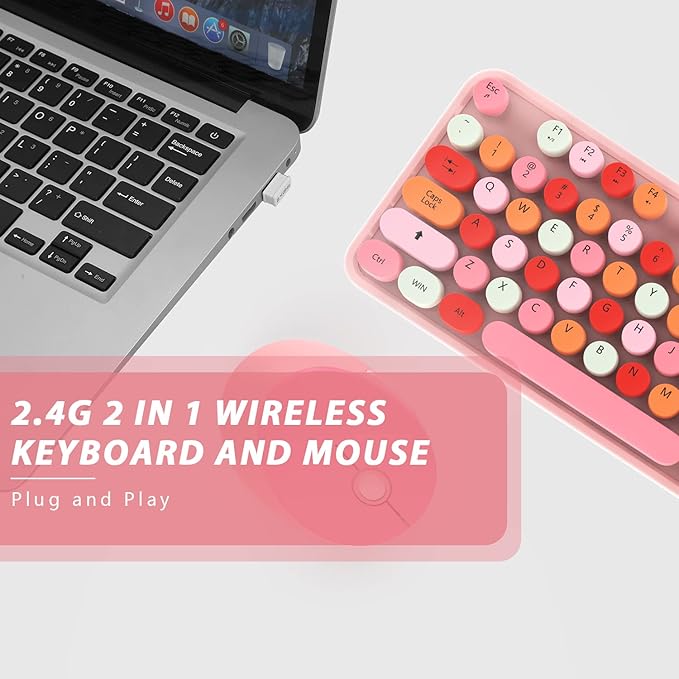 KOOTOP Cute Pink Wireless Keyboard and Mouse, 2.4G Retro Round Keycap for PC, Mac, Laptop, Tablet, Computer Windows