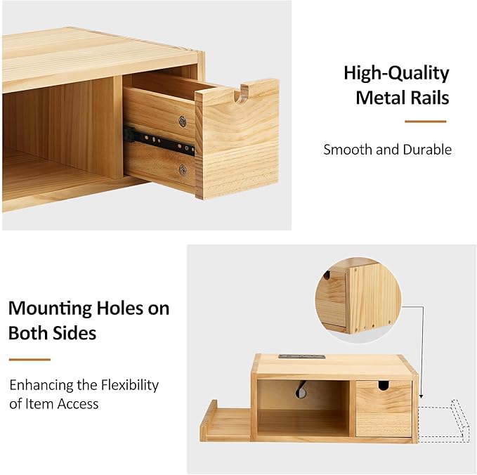 Afuly Floating Nightstand with Charging Station, Wall Mount Night Stand with Drawer Hanging Bedside Table End Table, Solid Wood Modern Side Table Shelf for Bedroom Natural Wooden Decor
