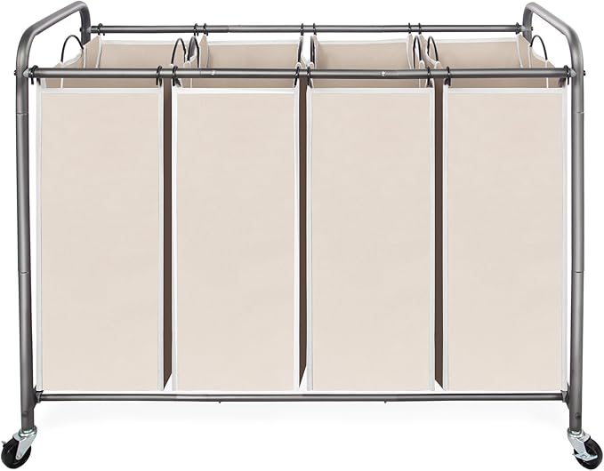 STO STO Laundry Sorter 4 Section, 4 Bag Laundry Hamper, Rolling Laundry Cart, Laundry Basket with Heavy Duty Lockable Wheels and Removable Bag for Clothes Storage, Beige