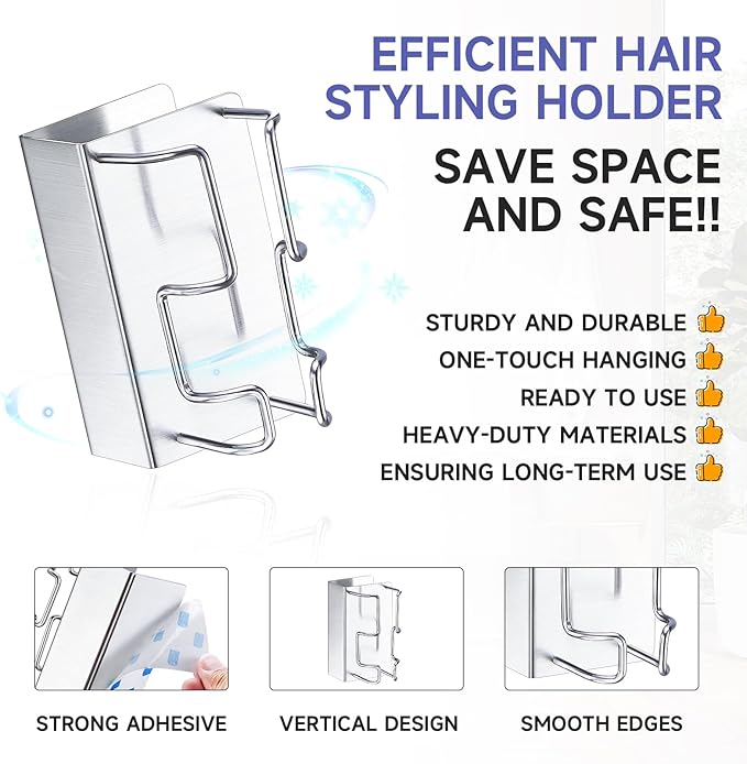 Hair Straightener Holder Wall Mounted, Hair Tool Organizer Stainless Steel, Adhesive Flat Iron Holder, Straighteners Holder for Bathroom Barber Shops Vanity (Silver)