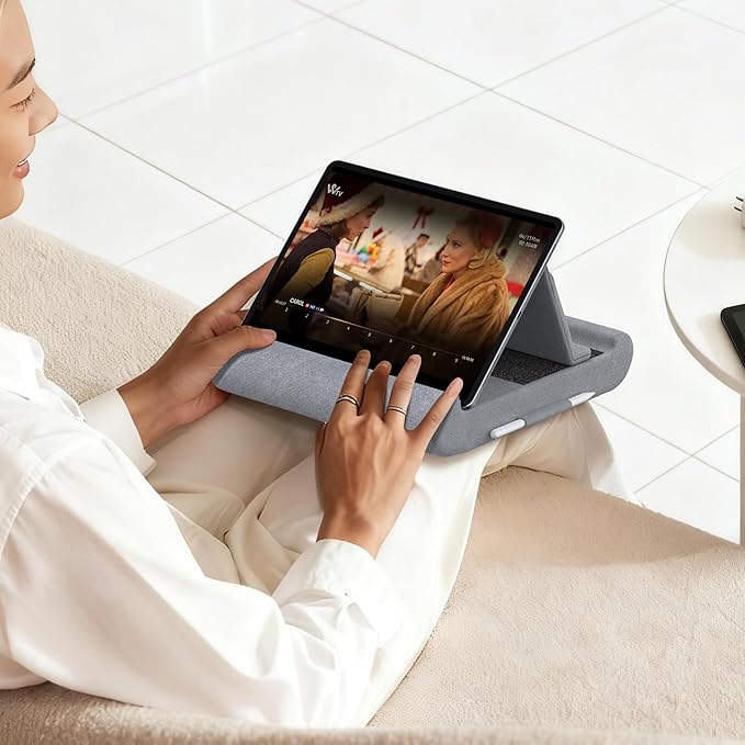 CreaDream Tablet Pillow Stand, Foldable Tablet Holder for Lap, Bed and Desk, Soft Pillow Pad with Pocket and Stylus Mount, for 4-13" Tablets, Like iPad Pro 11, 13, Air, Mini, Kindle, Galaxy Tab, Grey
