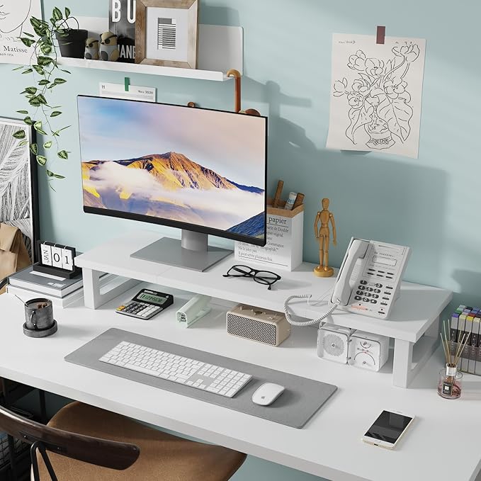 WESTREE Dual Monitor Stand Riser, Wood and Steel Monitor Stand Riser, Computer Monitor Stand for 2 Monitors, Multi-Purpose Desktop Storage Stand for Computer,Laptop,Printer,TV