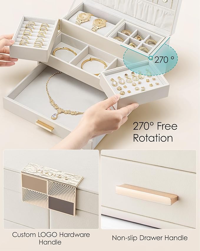 Vlando 3 Layer Jewelry Box - Women Jewelry Box with Retractable Tray - Jewelry Organizers with Drawer for Necklaces, Rings, Bracelets, Earrings, Gift for Couples Mom Girls - Could White