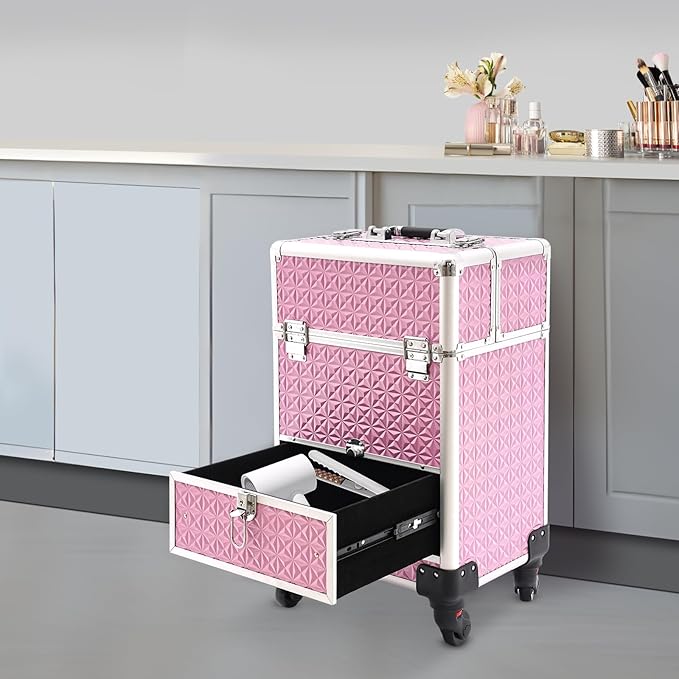 Professional Rolling Makeup Train Case with Lock, 7 Compartments 44lbs Capacity Rolling Nail Case Adjustable Organizer for Makeup Artists, Hairstylists, Pet Groomers (Pink)