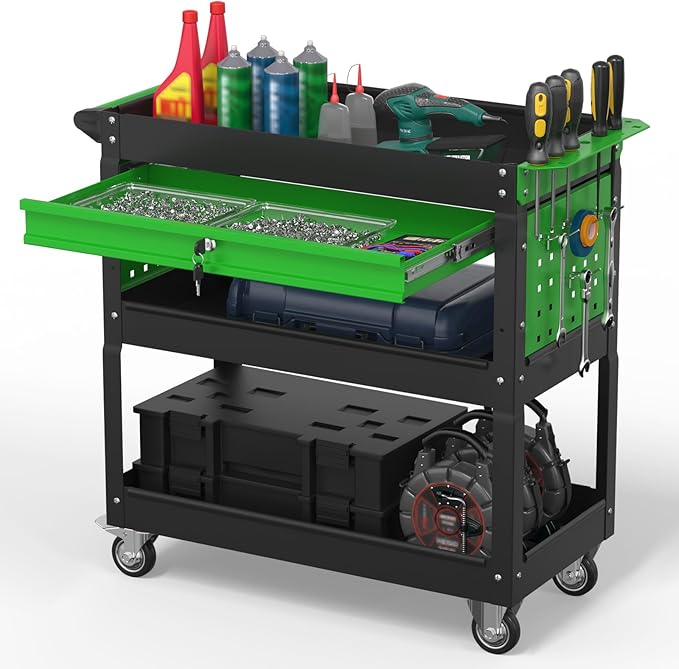 3 Tier Rolling Tool Cart on Wheels, 550 LBS Tool Cart with Drawers，Heavy Duty Utility Cart with Pegboard and Hooks，Mechanic Tool Storage Cart for Garage, Warehouse (Black-Green)