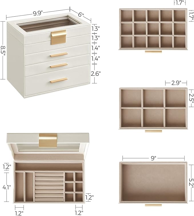 SONGMICS Jewelry Box Organizer with Glass Lid, 4-Layer Jewelry Storage, with 3 Drawers, Modern Style, Christmas Gift, 6 x 9.9 x 8.5 Inches, Cloud White and Gold Color UJBC161W01