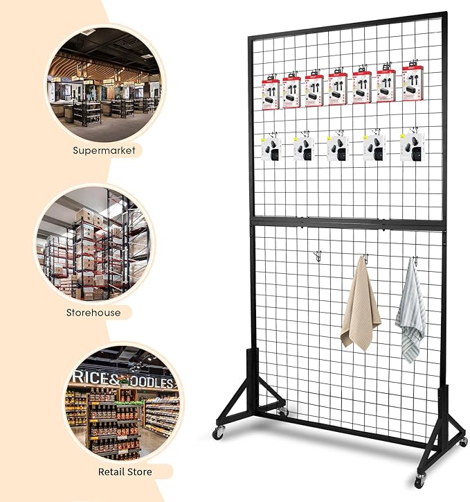 Eastern Tree 2 Packs 3'X 6' Two Gridwall Panels Display Stand with Sturdy T-Base, Black Wire Grid Wall Panels for Craft Show Display Rack, Art Display Stand, Extra More 20 Hooks