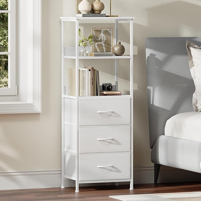 Somdot 3 Tier Bookshelf with Drawer, Tall Bookcase with Shelves, Bookshelf Desktop Organizer, Display Standing Shelf Units for Living Room, Bedroom, Study Room, White Leather
