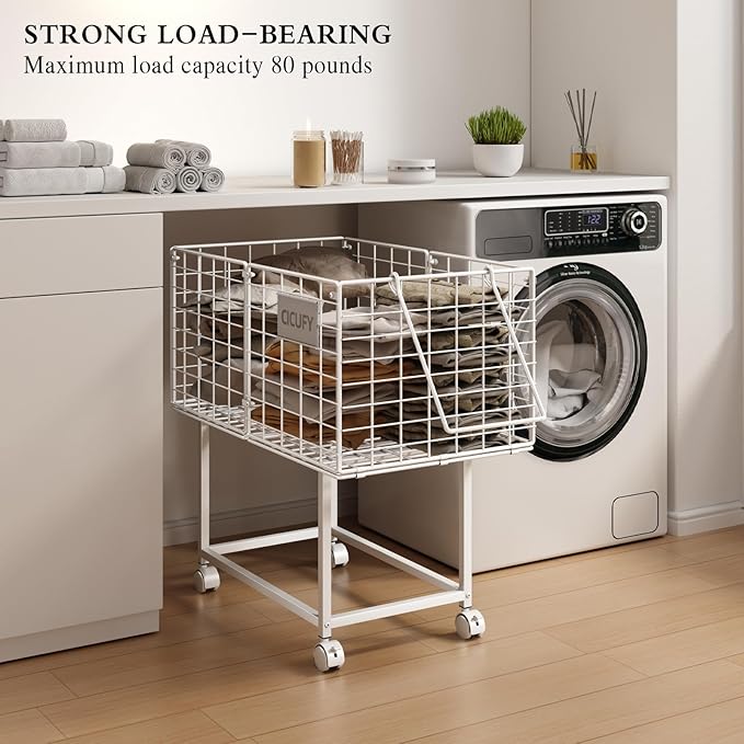 Wire Laundry Hamper, 80L Rolling Laundry Basket Cart on Wheels, Dirty Clothes Basket with Handle, Metal Clothes Hamper Organizer for Laundry Room, Bathroom, Bedroom, Dorm, White