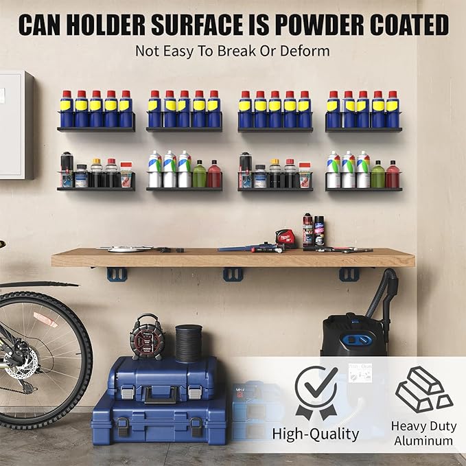 8 Pack Spray Bottle Holder Wall-Mounted, Aerosol Spray Can Holder Storage Rack, Heavy-Duty Paint Bottle Organizer with 40 Holes, Steel Black Spray Rack for Garage, Shop, Home or Tool Trailer