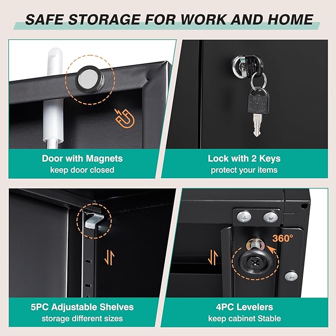 Metal Storage Cabinet with 2 Doors and 6 Shelves,Black Metal Cabinet with Lock,71" Lockable Garage Storage Cabinets,Locking File Cabinet,Steel Tool Cabinets for Home,Office,Garage,Shop,School