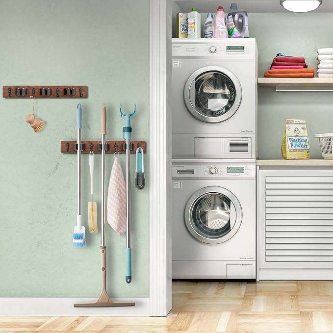 2 Pack Mop Broom Holder Wall Mount with 3 Slots & 4 Hooks - Rustic Wood Broom Mop Hanger for Pantry Kitchen Organization - Garden Tool Organizer for Closet Laundry Room
