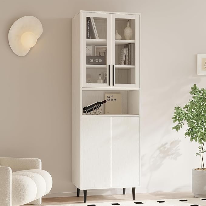 TUSY 70.9“ H Bookcase with Doors, 6-Tier Bookshelf with Open Shelf, Display Curio Cabinet with Glass Door, Narrow Display Bookcase for Home, Office, Clinic, Pantry (White)