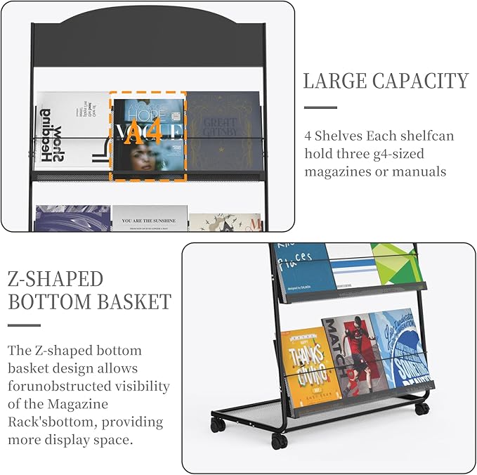 Floor-Standing Magazine Rack 4-Layer with Wheels, Semi-arched top Brochure Display Stand, High-hardness metal for Exhibitions, Office, and Any Organization Requiring Information Display (Arc-Black)