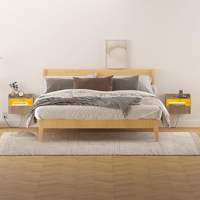 White Floating Nightstand with Charging Station and LED Lights (Grey)
