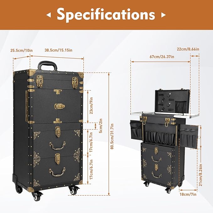 Cosmetic Train Case,Makeup Organizer Travel Case with Multiple Compartments,Rolling Makeup Case,Makeup Train Case,Professional Makeup Case with Wheels for Make-up Artists,55Lbs Load-Bearing