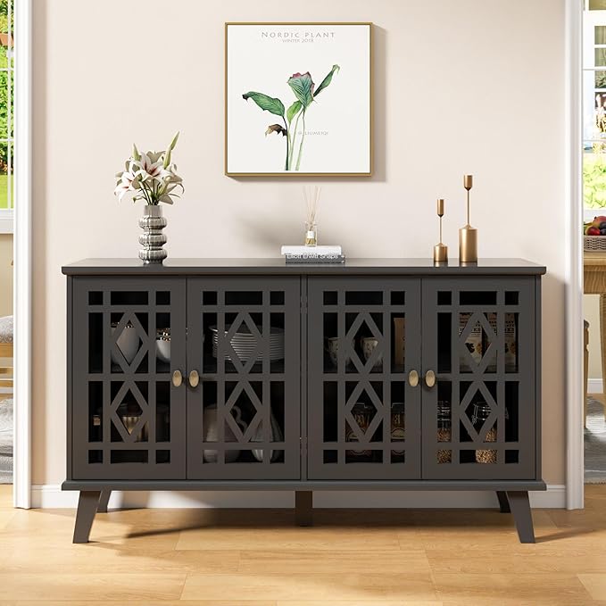 Scurrty 52" Buffet Cabinet with Storage,Sideboard with 4 Doors, Skeletonized Coffee Bar with Storage, Sideboard Cabinet for Dinning Room, Kitchen & Living Room (Black)
