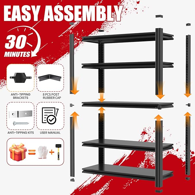 72" H Garage Shelving, Metal Storage Shelves, Adjustable 5 Tier Storage Rack, Heavy Duty Shelving, Industrial Utility Shelf for Garage, Warehouse, Bedroom, Kitchen, 24" D×48" W×72" H, Black