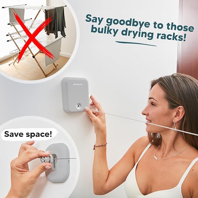 GorillaLine Retractable Clothesline, Indoor and Outdoor, Heavy Duty Wall Mounted Laundry Line, Space Saving Drying Rack for Towels, Sheets and Clothing, Stainless Steel, for Bathroom, Balcony or RV