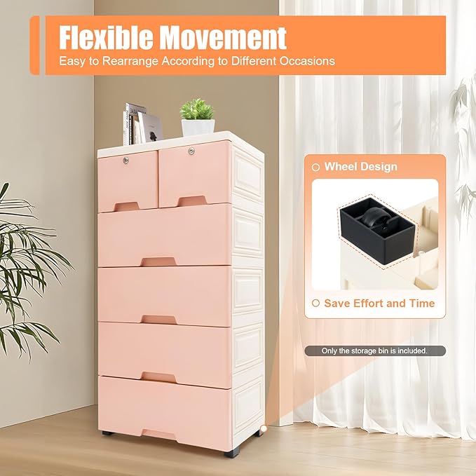 5-Layers Plastic Dresser with 6 Drawers Movable Chest of Drawers Locked Storage Cabinet Craft Organizers and Storage for Bedroom Entryway Hallyway, 19.7’’ W*13.8’’ D*40’’ H (Pink)