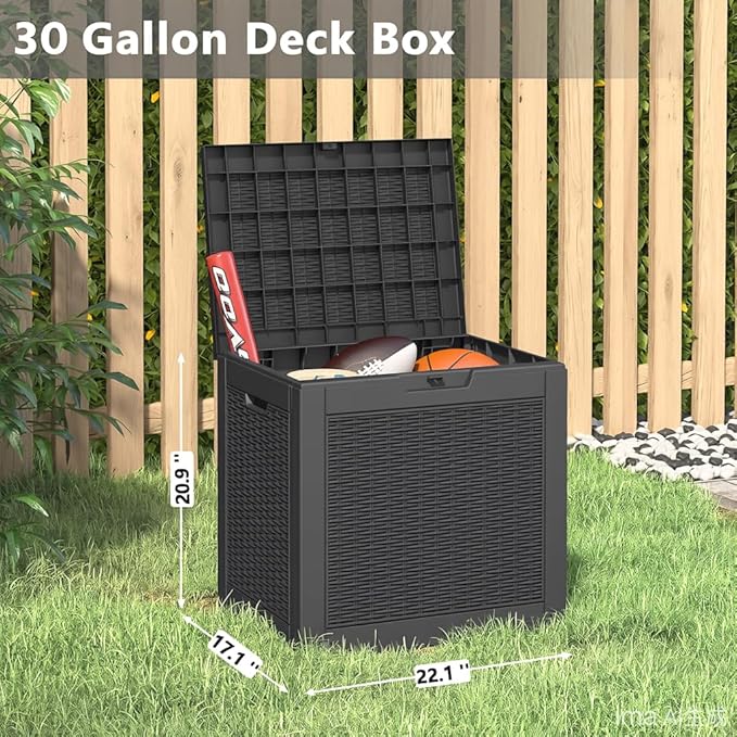 30 Gallon Outdoor Storage Deck Box Waterproof,Garden Tool,Backyard Cushion,Poolside Storage,Small Delivery Boxes for Outside,Lockable Lid,Rattan Black