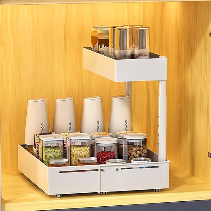 Under Sink Organiser,2 Tier Pull Out Cabinet Organiser,Height Adjustable Out Cabinet Drawer,Multi-Purpose Slide Out Storage Shelves for Home,Kitchen,Bathroom (White) (White)