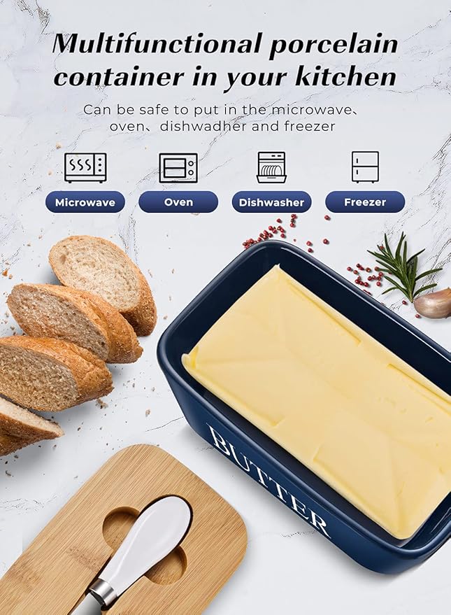Butter Dish with Lid: Large Butter Container for Countertop - Ceramic Butter Holder for Counter - Butter Tray Butter Keeper with Knife and Sponge Scrubber - Perfect for 2 Sticks of Butter Blue