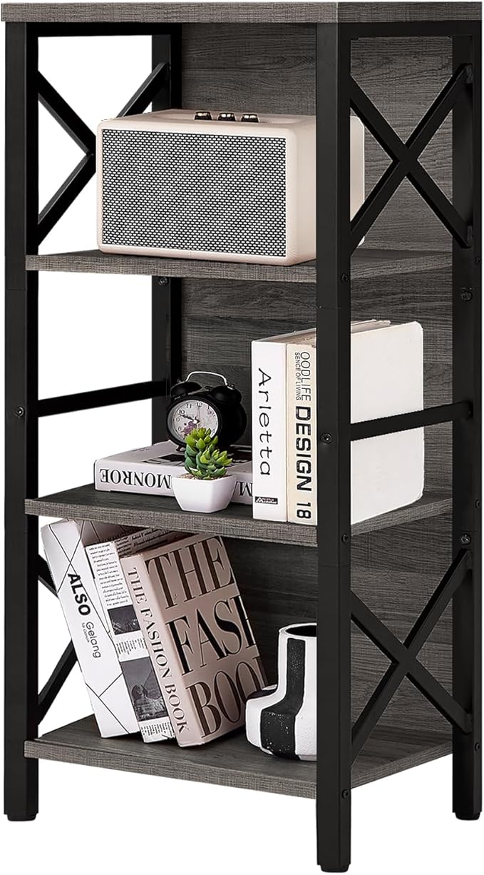 Small Bookshelf,4 Tier Industrial Bookcase with Metal Frame and Backboard,Narrow Rustic Gery Book Shelf,Book case for Small Spaces,Living Room,Bedroom and Home Office