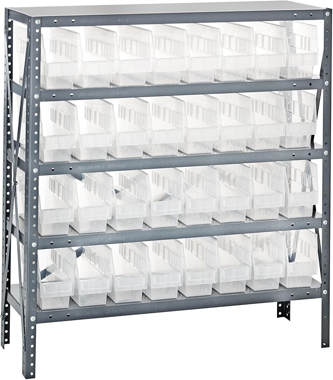 Quantum 1839-203CL Heavy Duty Shelving Unit with (5) Shelves and (32) QSB203 Clear Bins for Garage Warehouse Storage Distribution | 400 lb Load Capacity | 18"D x 36"L x 39"H, Galvanized Carbon Steel