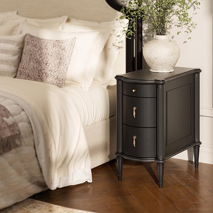 STO'SENSE Nightstand w/Charging Station & 3 Drawers, Pre-Assembled, Vintage Side Table w/Antique-Finished Pulls, Rustic Wood Finish, Narrow End Table w/Turned Legs for Bedroom (2, Black)