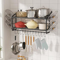 VOPEAK 30" Pot Rack Wall Mounted with 6 Detachable Pot Lid Holders,12 Adjustable S Hooks for Hanging Pans,2 Tier Black Heavy Duty Metal Shelves for pots and pans Organizer,200lbs Capcity,Space Saving