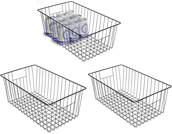 Freezer Organizer Bins - 3 Pack Stand Up Freezer Baskets for 16，17，21 cu.ft Upright Freezer, Wire Storage Baskets with Built-in Handles, Easy to Access Frozen Food Allow Air Circulation, Black