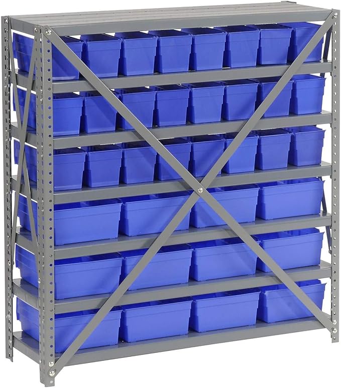 Global Industrial 7 Shelf Steel Shelving with (36) 4" H Plastic Shelf Bins, Gray Frame & Blue Bins, 36" W x 12" D x 39" H, Industrial or Commercial Storage, Assembly Required