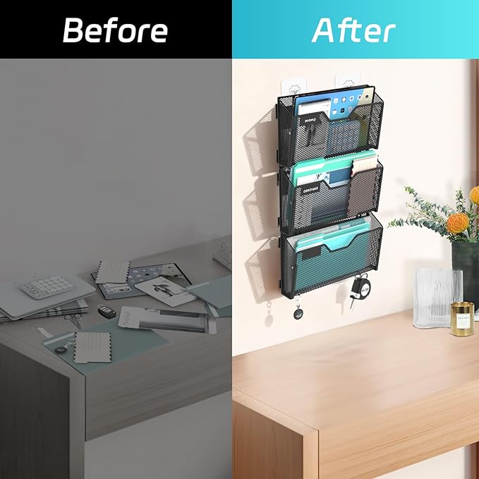 SUPEASY Magnetic File Holder, 6 Pack File Folder Organizer, Wall File Organizer, No Drilling Paper Document Holder & Binder Holder for Home / Office (with Label Panel, 14 * Adhesive Wall Hook)
