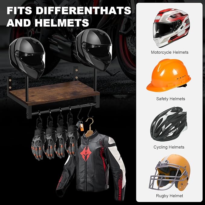 Motorcycle Helmet Rack Wall Mount, Helmet Holder with 6 Glove Chips& Hooks - Rustic Bike Helmets Storage Organizer, Universal Wall Mount for Helmets, Gear, Clothes, Motorcycle Accessories
