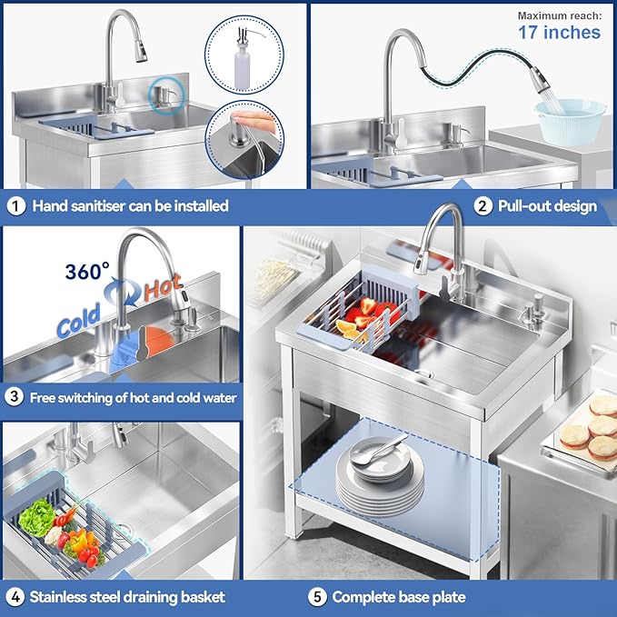 Stainless Steel Utility Sink, 29"Freestanding Sink with Retractable Cold and Hot Water Faucet,Hoses and Drain Kit for Kitchens, Bathrooms, Garage, Laundry Room