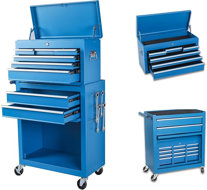 Tool Chest, 8-Drawer Rolling Tool Storage Cabinet with 2 in 1 Detachable Top Tool Box, Liner, Lockable Wheels, Side Hooks, Metal Tool Cart for Garage (8-Drawer Blue)