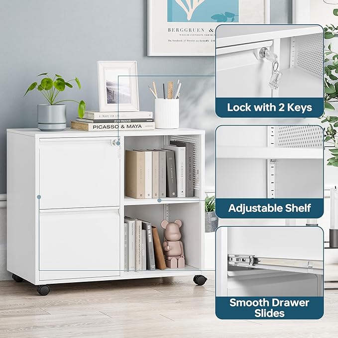 MIIIKO 2 Drawer File Cabinet on Wheels, Metal Filing Cabinets with Storage Shelf, Home Office Printer Stands, Mobile File Cabinet with Lock, White Lateral Cabinet Storage A4, Letter Size File Folders