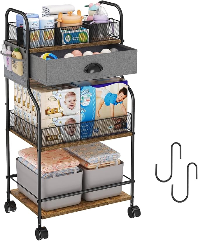 3-Tier Baby Diaper Caddy Cart Organizer with Drawer,Rolling Utility Cart & Bedside Nursery Essentials Cart for Newborn Baby Stuff, 2+1 Dividers, Baby Storage Organizer for Bedroom,Changing Table,Grib